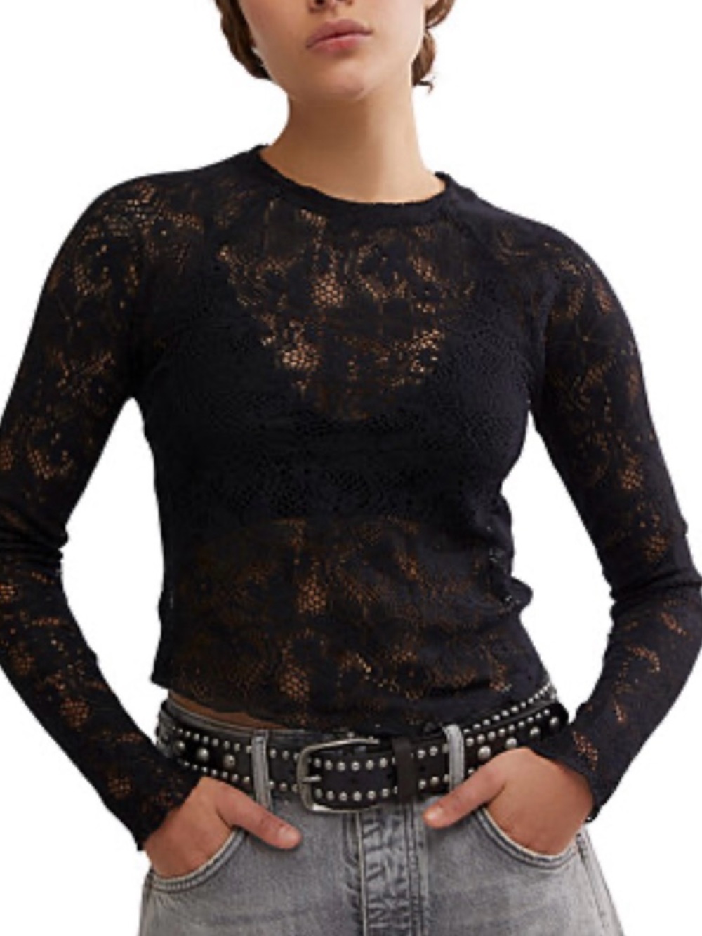 Free People Black Lace Long-Sleeve Muscle Tee